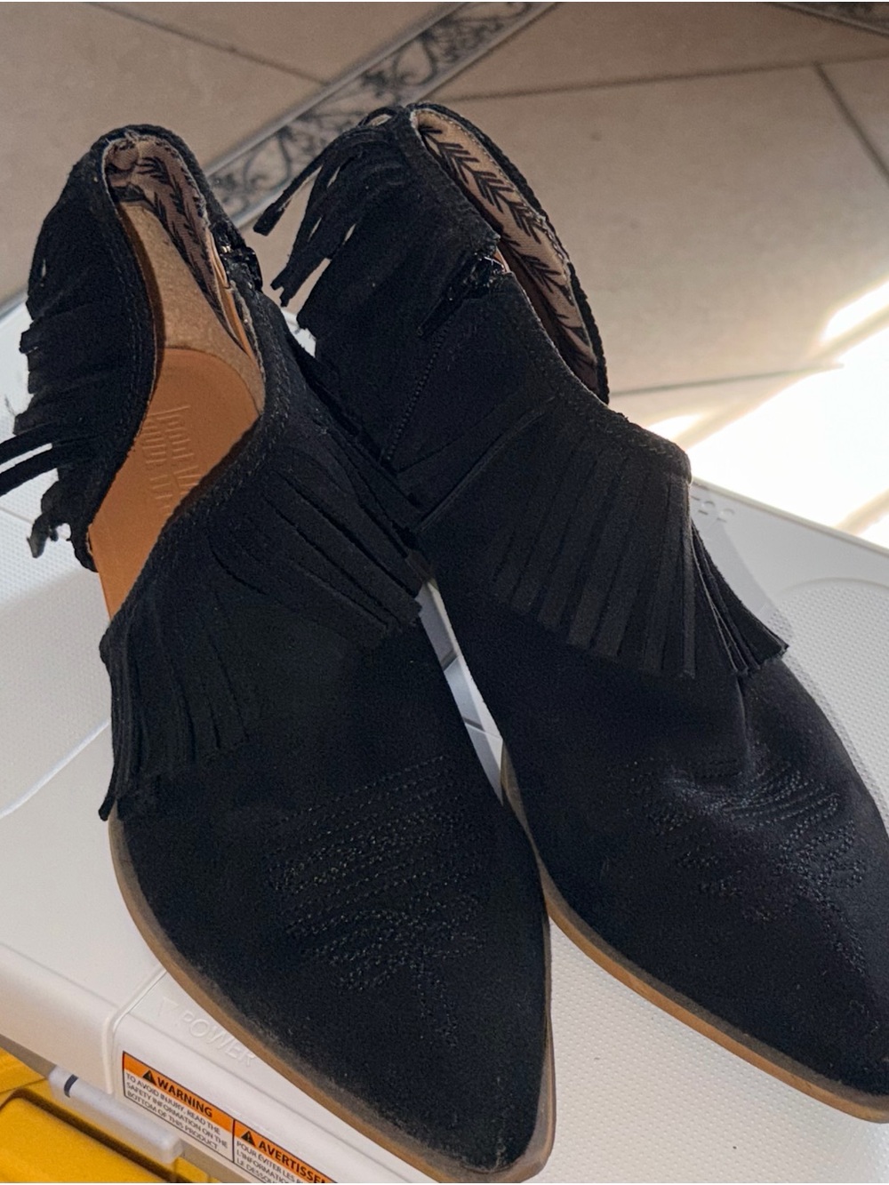 Black Suede Fringe Pointed Ankle Booties